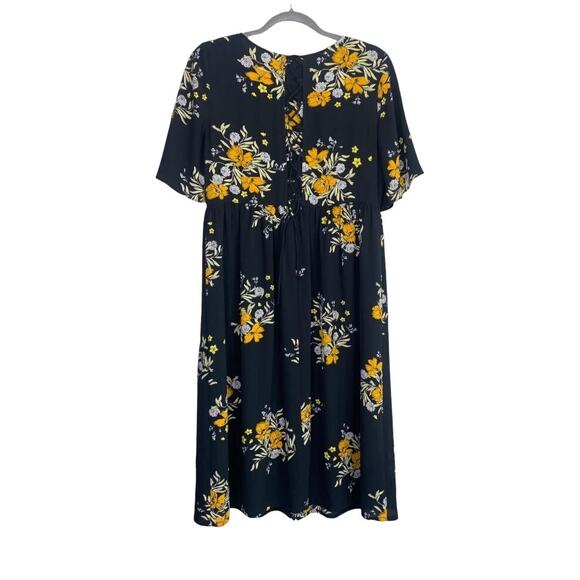 ZARA Floral Lace Up Back Babydoll Midi Stretch Dress Short Sleeve M Black Orange - Picture 14 of 15